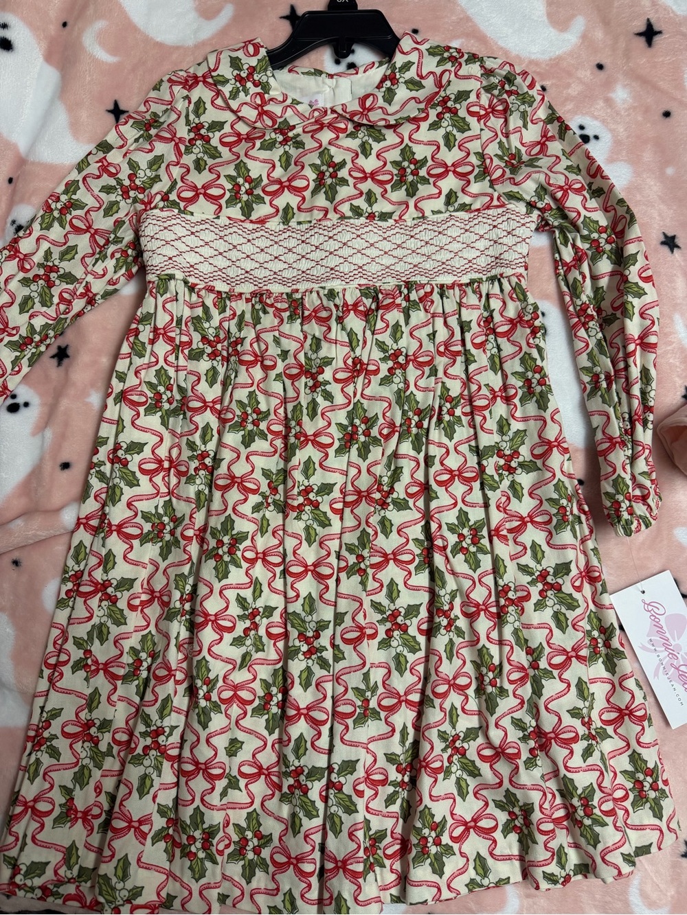Girls' Cream Holiday Holly Smocked Dress - Long Sleeve